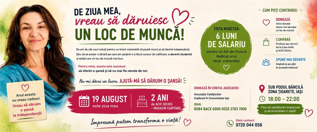 Afișul evenimentului „De ziua mea, vreau să dăruiesc un loc de muncă” — 19 august, Iași