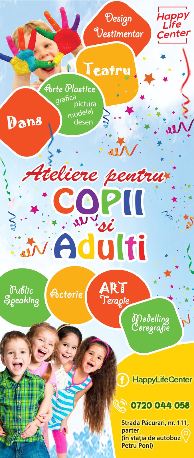 Flyerul Happy Life Center Iași — ateliere pentru copii și adulți: dans, teatru, arte plastice, design vestimentar, art-terapie, public speaking